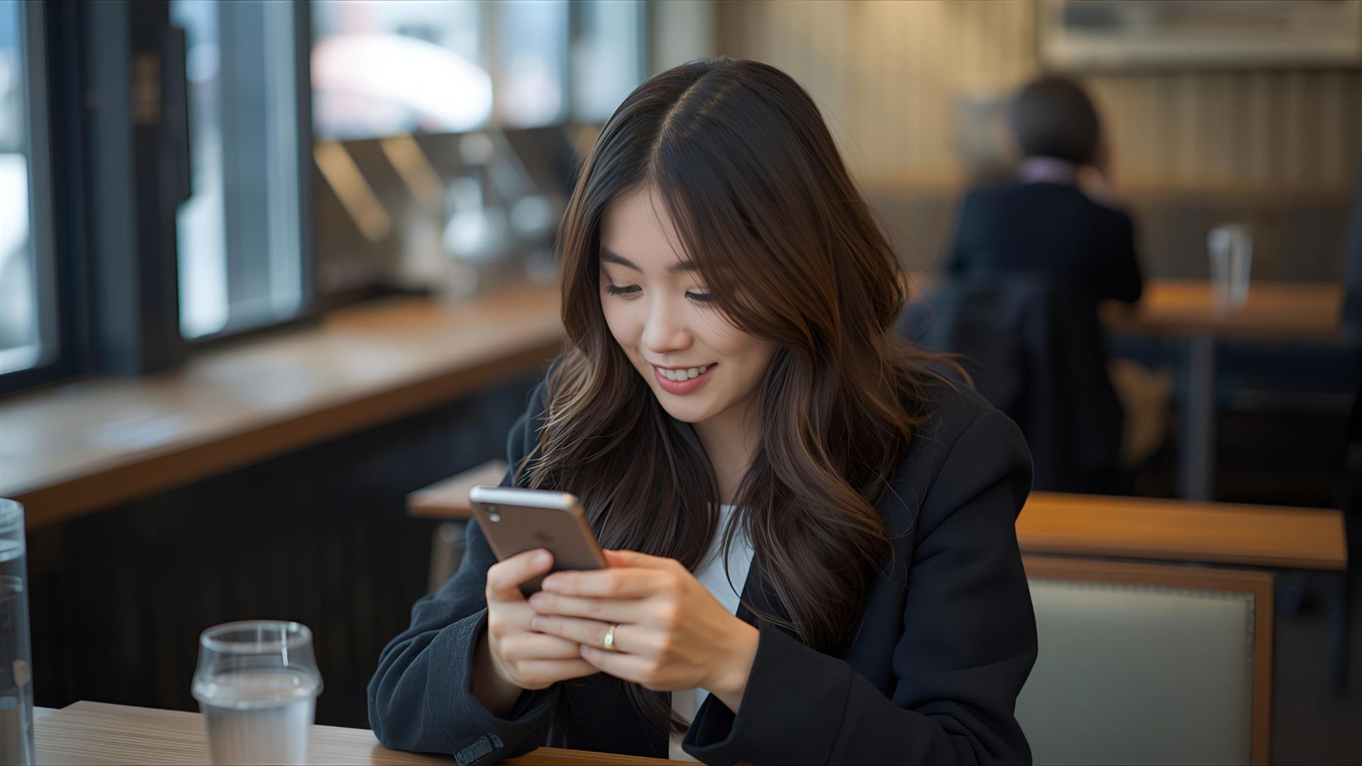 Trendy Japanese woman working with laptop and smartphone in modern office